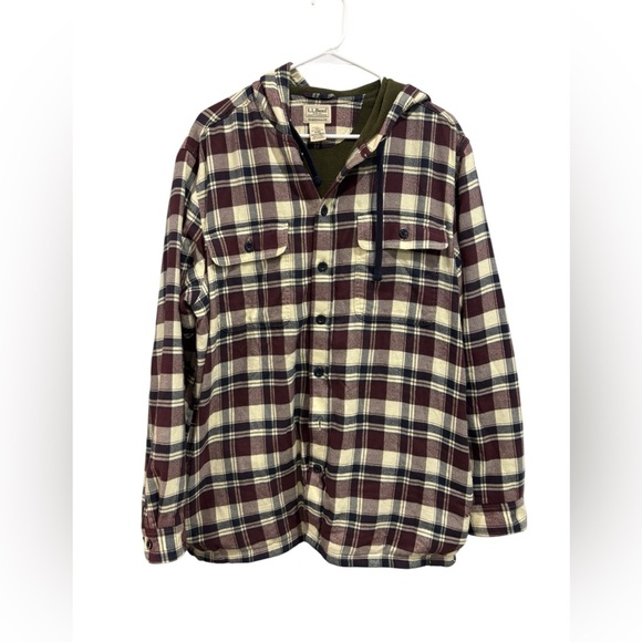 LL Bean Plaid Hooded Flannel Shirt Shacket Fleece Lined Button Down Men’s Medium - Picture 1 of 9